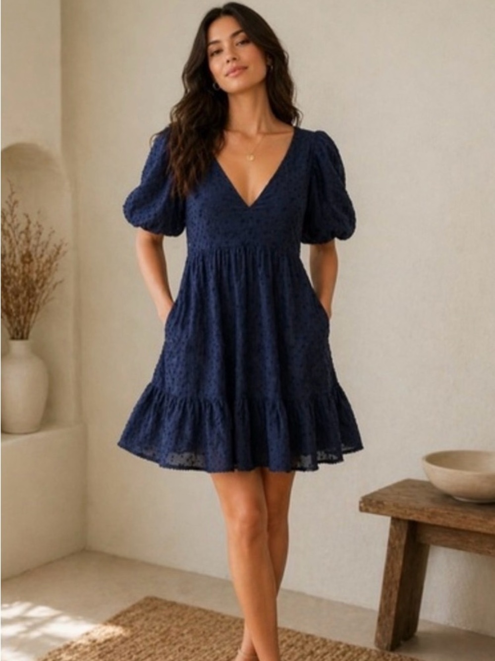Abercrombie & Fitch Navy Puff-Sleeve V-Neck Mini Dress